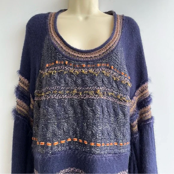 Free People Navy Wool Mohair Alpaca Cotton Blend Sweater Size L - Picture 3 of 13